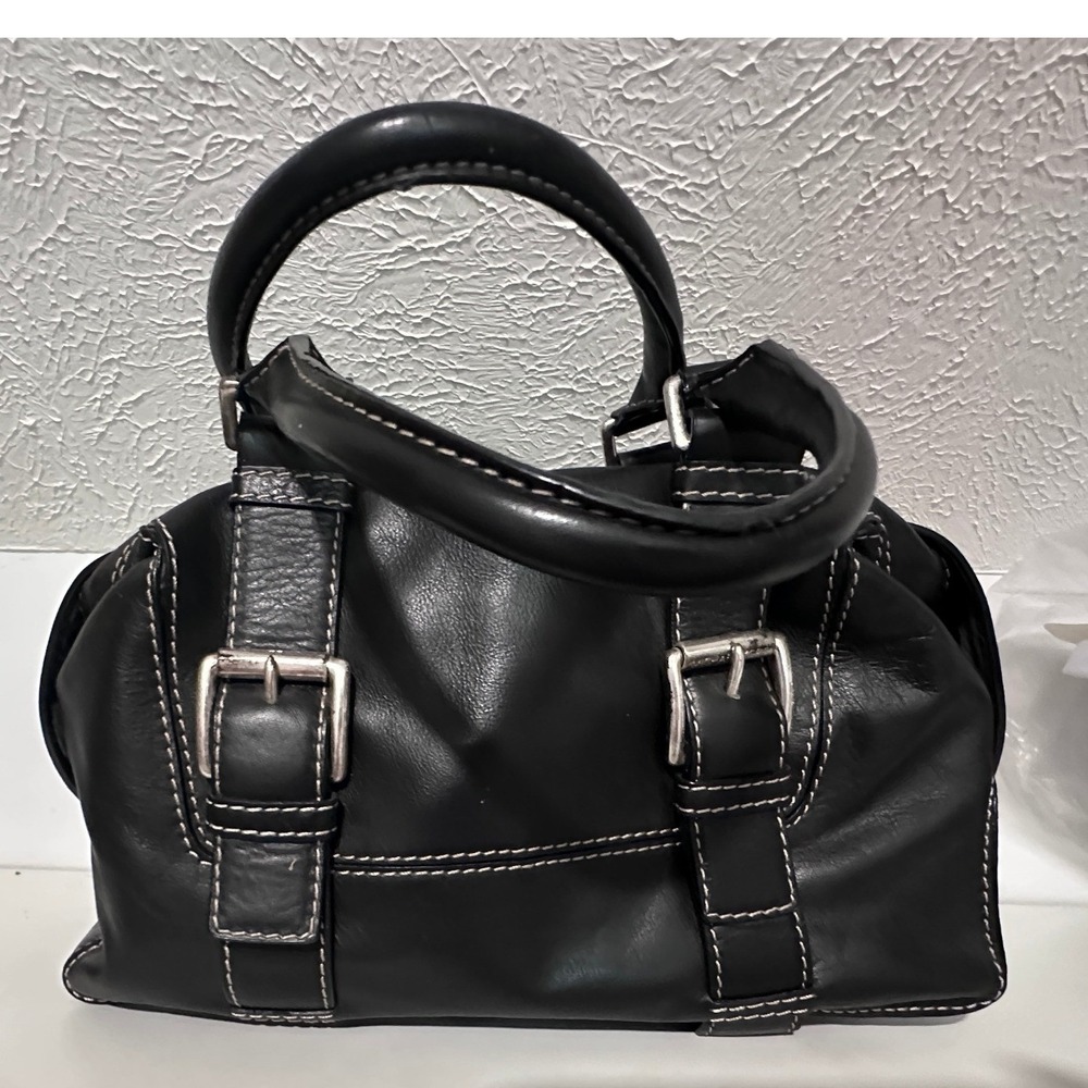 Michael Michael‎ Kors Black Leather Satchel Bag Contrast Stitch Buckle Detail